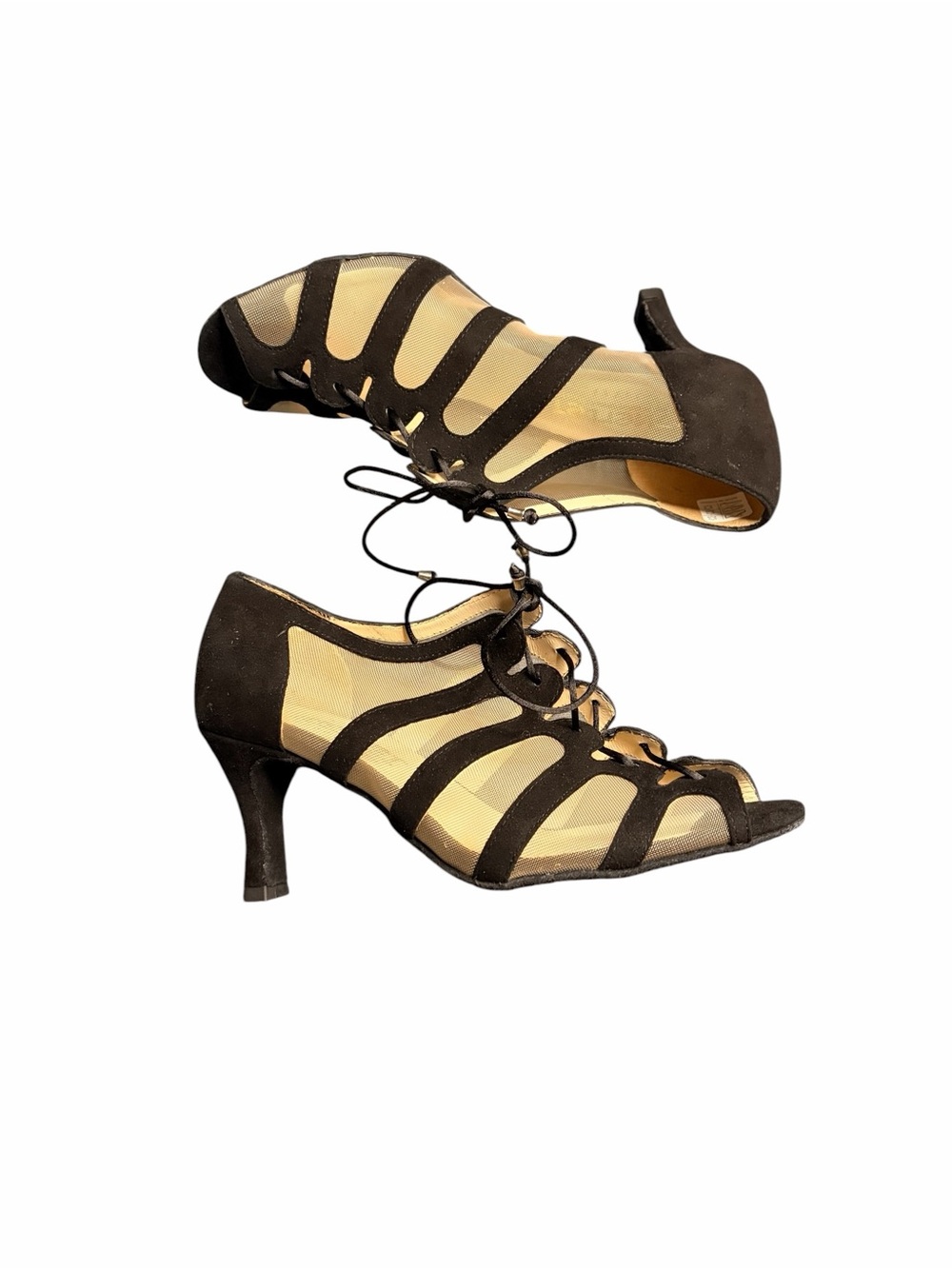 MERLET Sya Black Lace-Up Cutout Peep-Toe Ballroom Heels - Picture 4 of 11